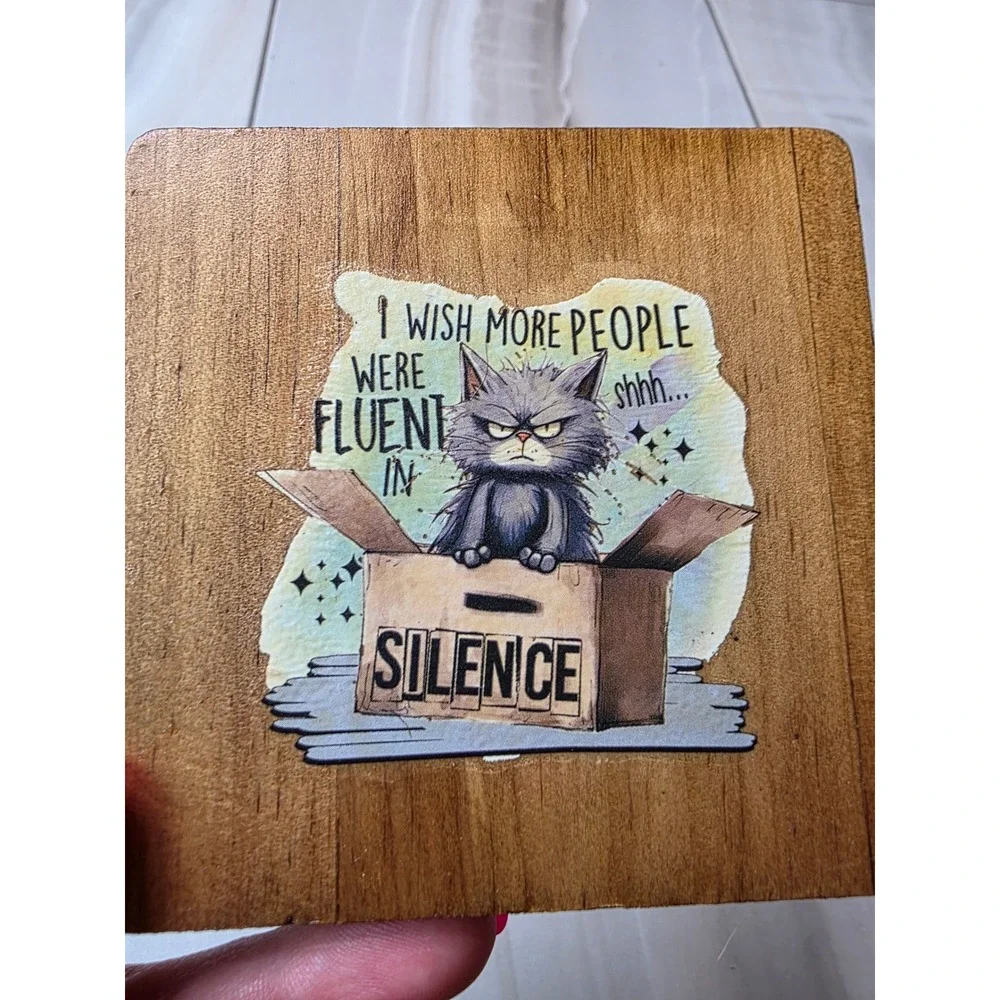 Grumpy Cat Wooden Coasters Set of 3 Snarky Humor Rustic Drink‎ Mats Brown F1